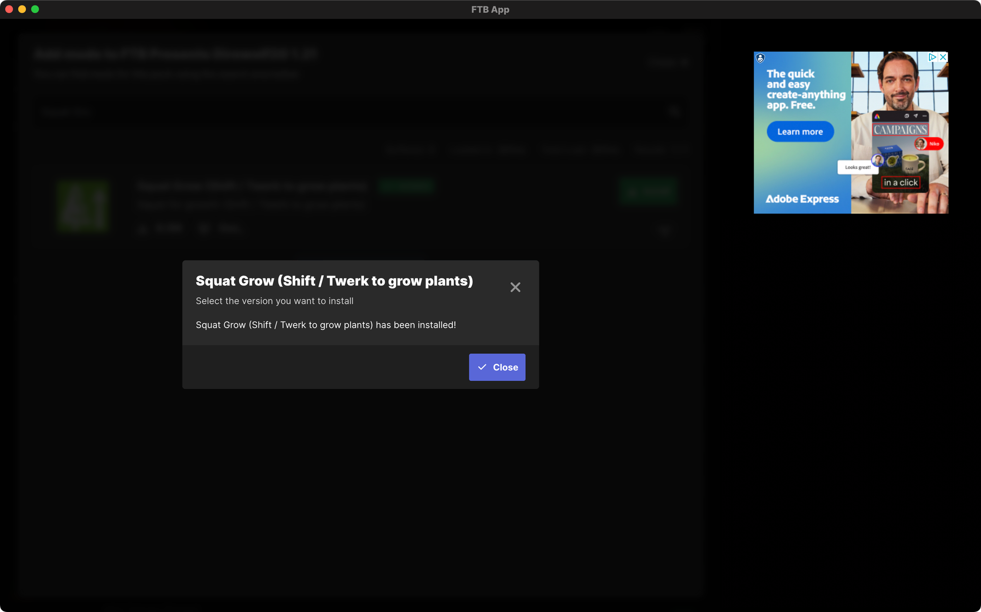 The FTB App's Mods install done