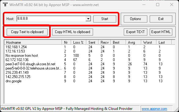 Example of a WinMTR test